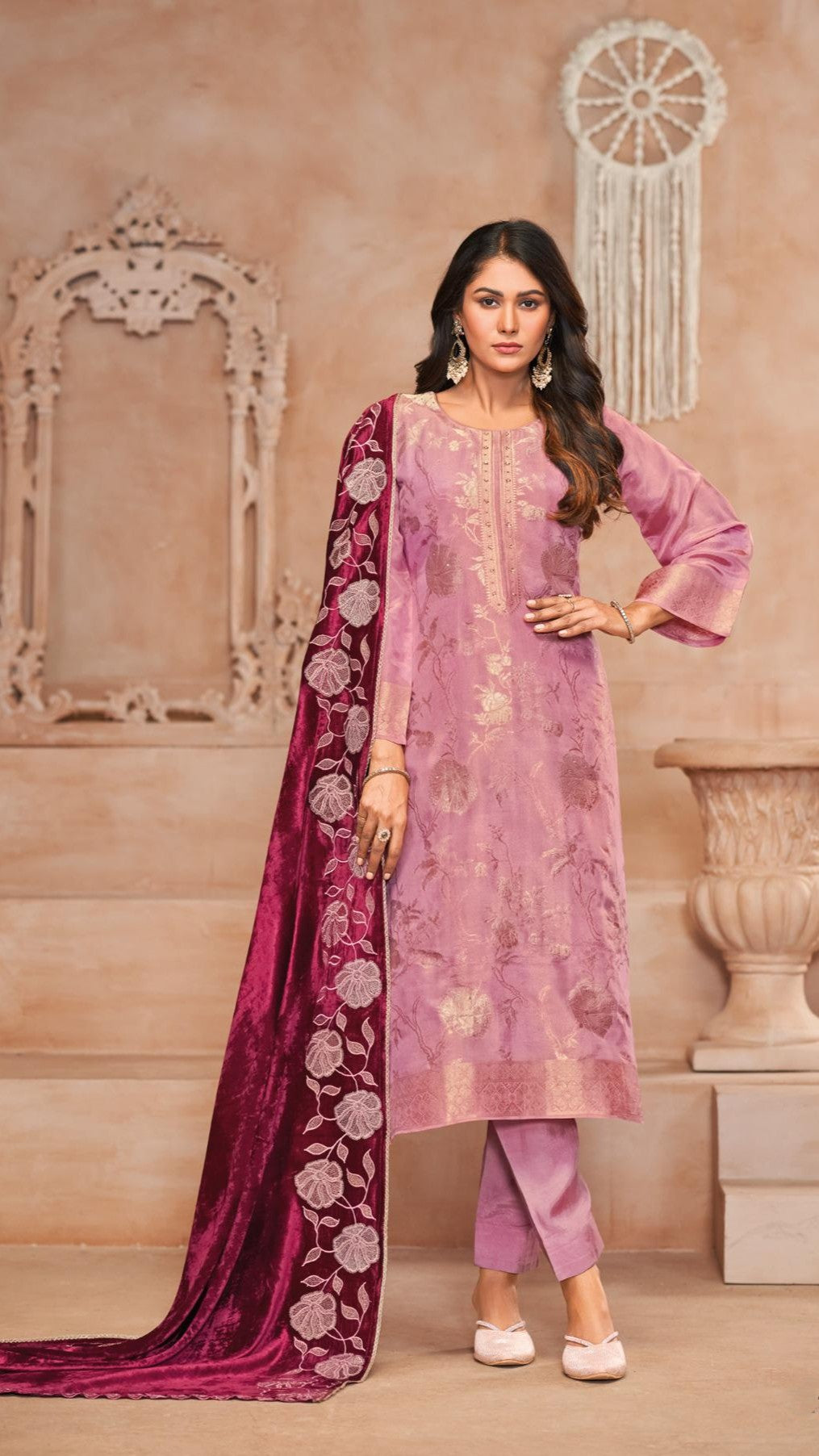 Velvet Glam pure kajivaram Full weaved suit material with silk bottom along with embroidered Velvet dupatta GF730